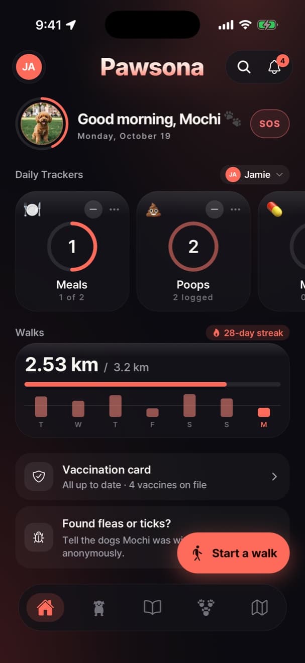 Pawsona daily dashboard showing meals, potty breaks and a 28-day walk streak
