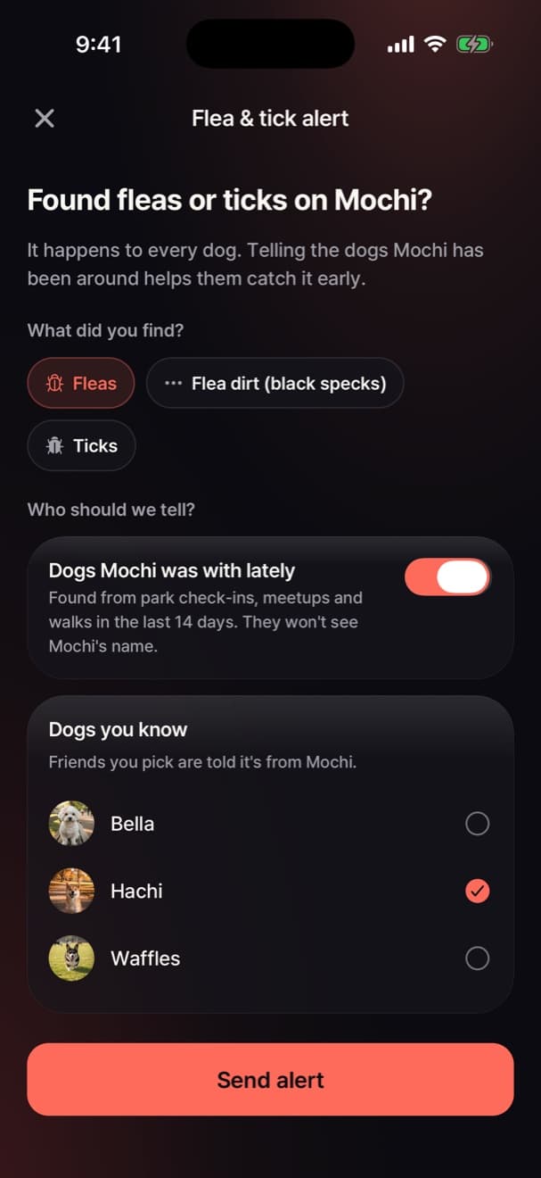 Flea and tick alert screen choosing who to tell