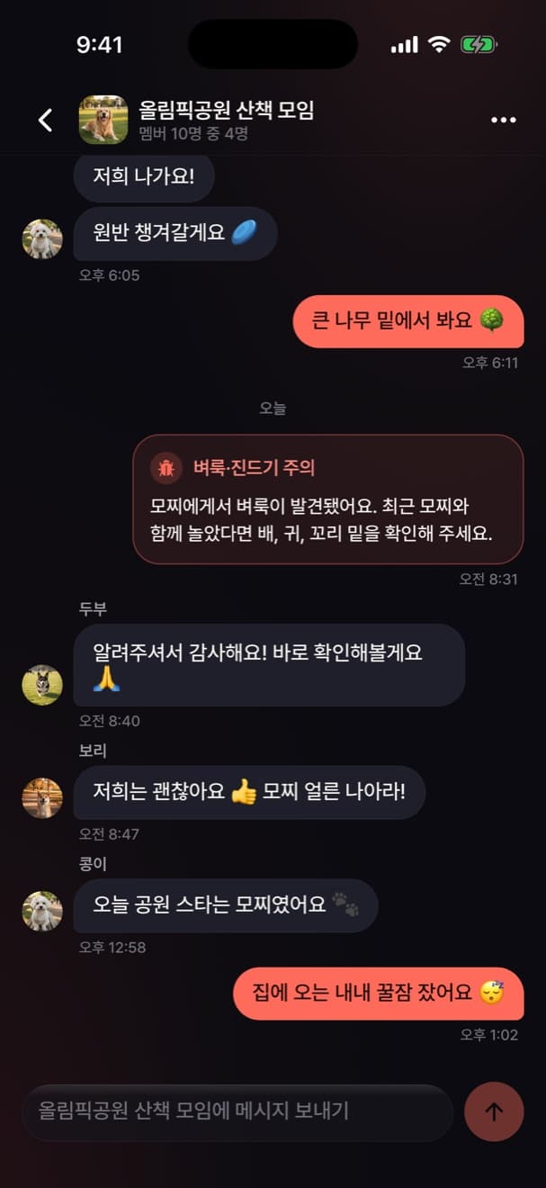 두부, 보리, 콩이의 메시지가 보이는 팩 채팅