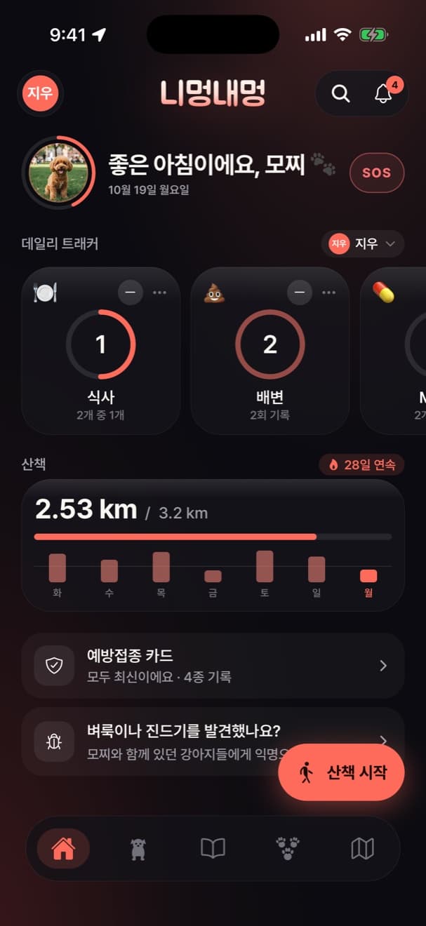 식사, 배변, 28일 연속 산책 기록이 보이는 니멍내멍 데일리 대시보드