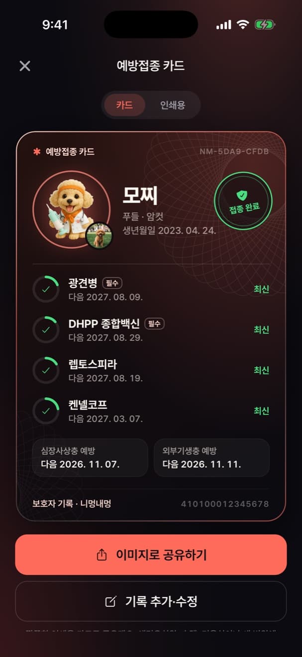 광견병, DHPP 종합백신, 렙토스피라, 켄넬코프 접종이 모두 최신인 예방접종 카드